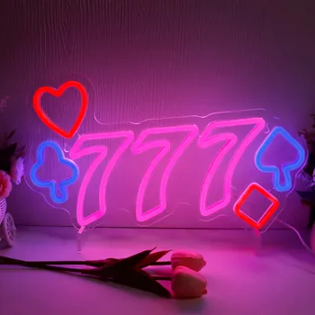 Neon led znak casino 777 ružičasto-bijeli zidni sretan sobe, znakovi za pivo u sportskom baru, dekor za gaming sobe, USB-osvjetljenje